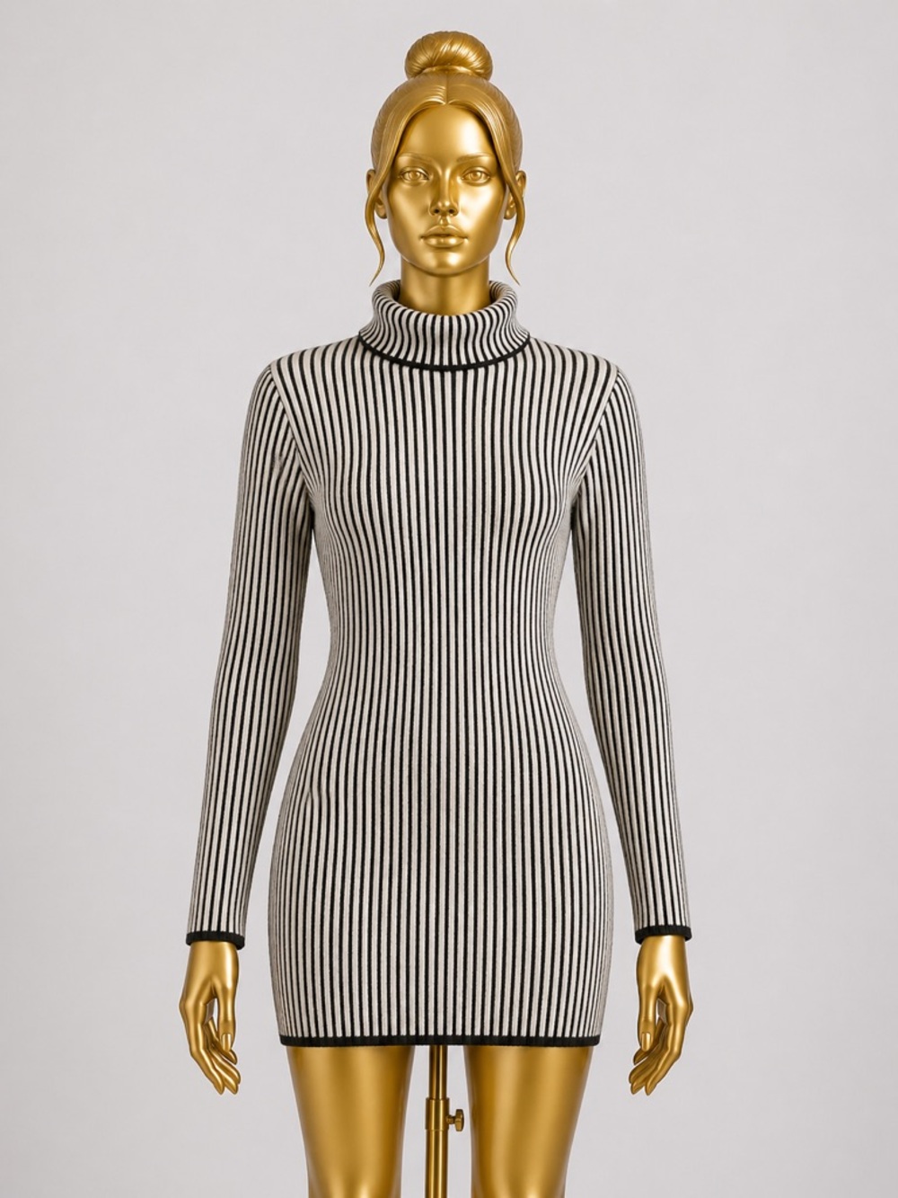 Elegant Striped Turtleneck Sweater Dress Black and White